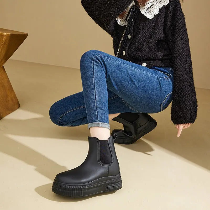 Stylish Rubber Platform Chelsea Boots for Women with Elastic Side Panel Pull Tab Ridged Sole Casual Style
