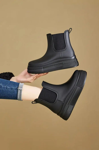 Stylish Rubber Platform Chelsea Boots for Women with Elastic Side Panel Pull Tab Ridged Sole Casual Style
