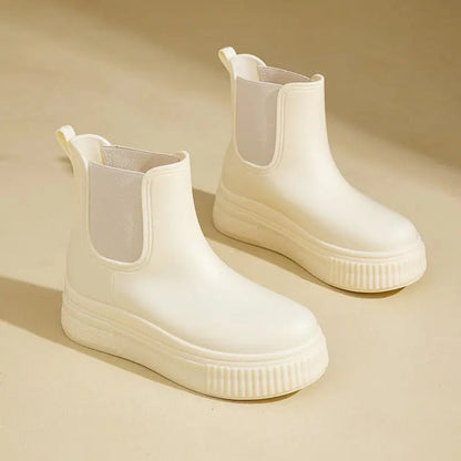 Stylish Rubber Platform Chelsea Boots for Women with Elastic Side Panel Pull Tab Ridged Sole Casual Style
