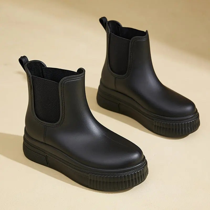 Stylish Rubber Platform Chelsea Boots for Women with Elastic Side Panel Pull Tab Ridged Sole Casual Style