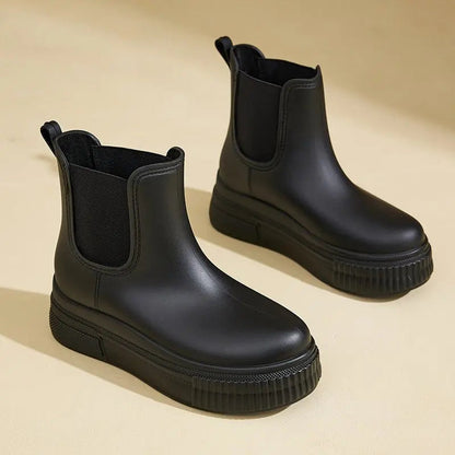 Stylish Rubber Platform Chelsea Boots for Women with Elastic Side Panel Pull Tab Ridged Sole Casual Style