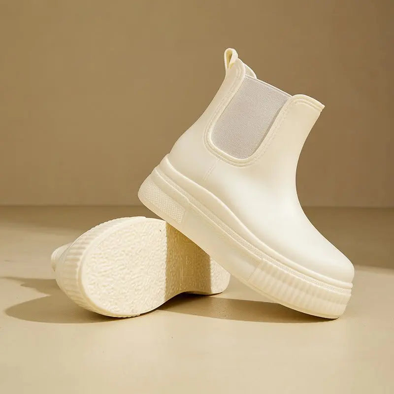 Stylish Rubber Platform Chelsea Boots for Women with Elastic Side Panel Pull Tab Ridged Sole Casual Style