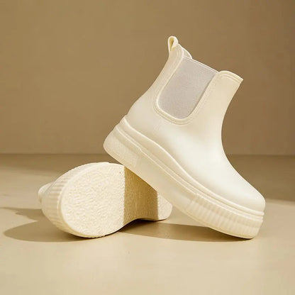 Stylish Rubber Platform Chelsea Boots for Women with Elastic Side Panel Pull Tab Ridged Sole Casual Style