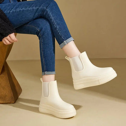 Stylish Rubber Platform Chelsea Boots for Women with Elastic Side Panel Pull Tab Ridged Sole Casual Style