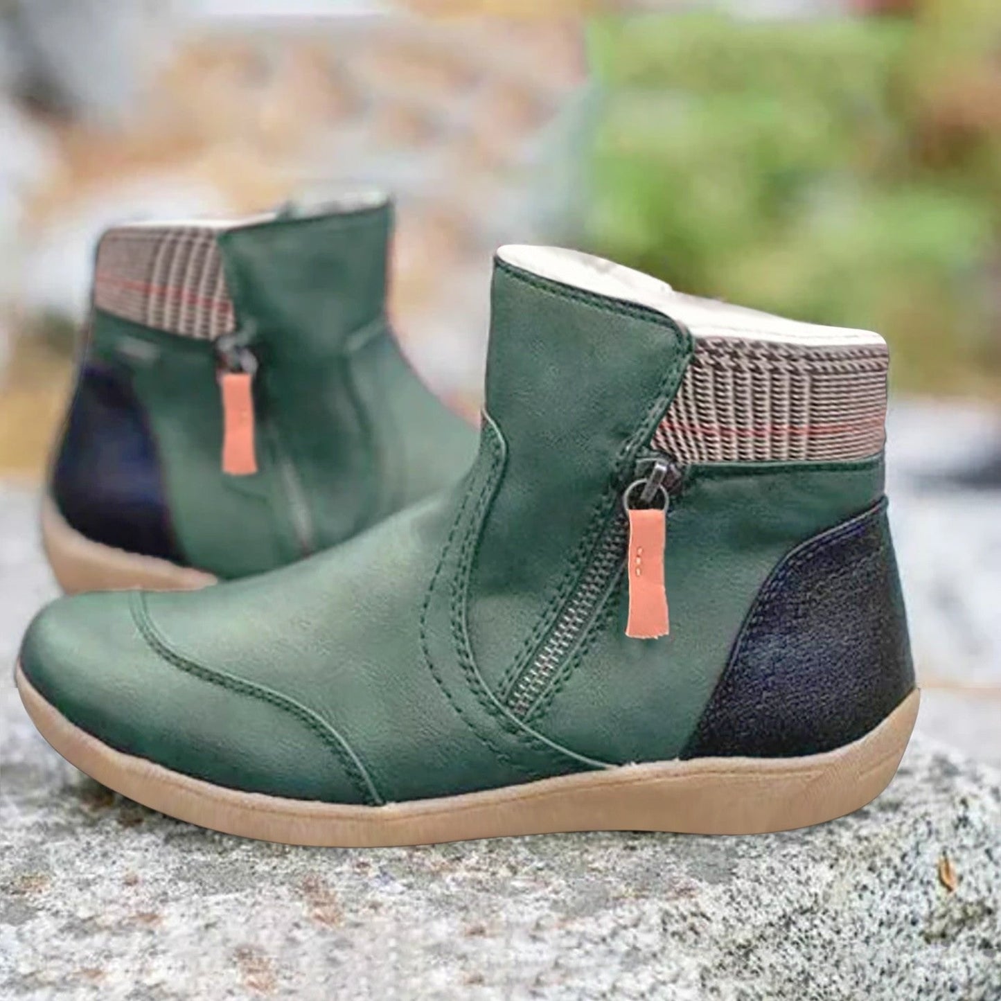 Comfortable Leather Waterproof Boots for Women with Side Zip Ankle Plaid Trim Casual Style