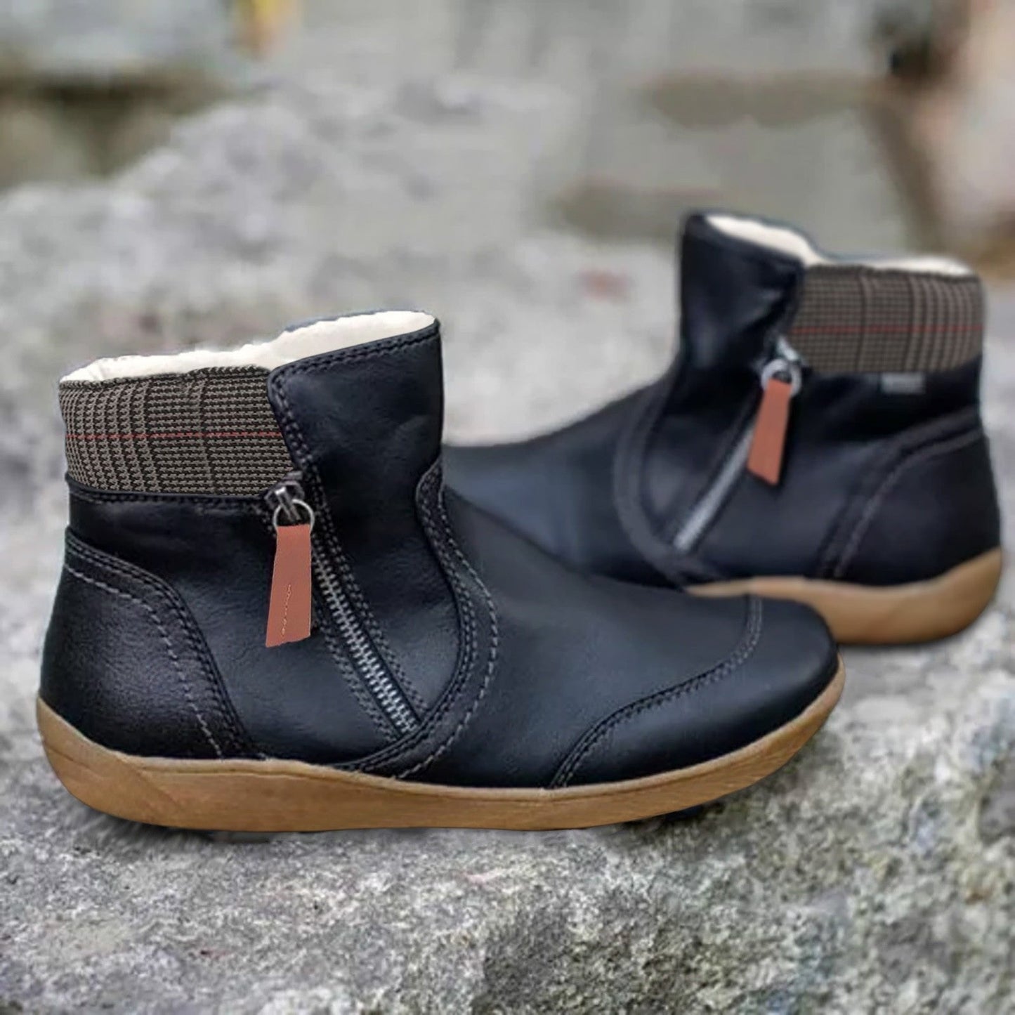 Comfortable Leather Waterproof Boots for Women with Side Zip Ankle Plaid Trim Casual Style