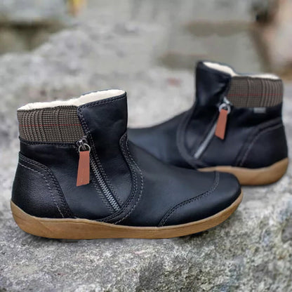 Comfortable Leather Waterproof Boots for Women with Side Zip Ankle Plaid Trim Casual Style