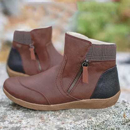 Comfortable Leather Waterproof Boots for Women with Side Zip Ankle Plaid Trim Casual Style