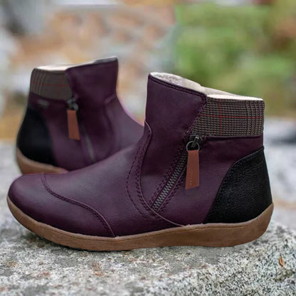 Comfortable Leather Waterproof Boots for Women with Side Zip Ankle Plaid Trim Casual Style