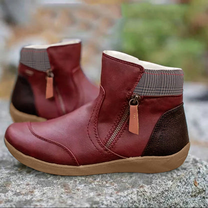 Comfortable Leather Waterproof Boots for Women with Side Zip Ankle Plaid Trim Casual Style