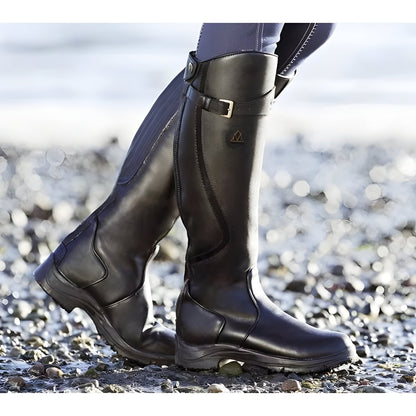 Sleek Leather Waterproof Boots for Women with Knee High Buckle Strap Riding Style