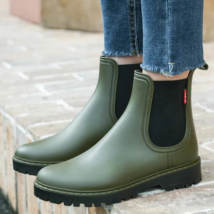 Sleek Rubber Rain Boots for Women with Waterproof Round Toe Ankle Style