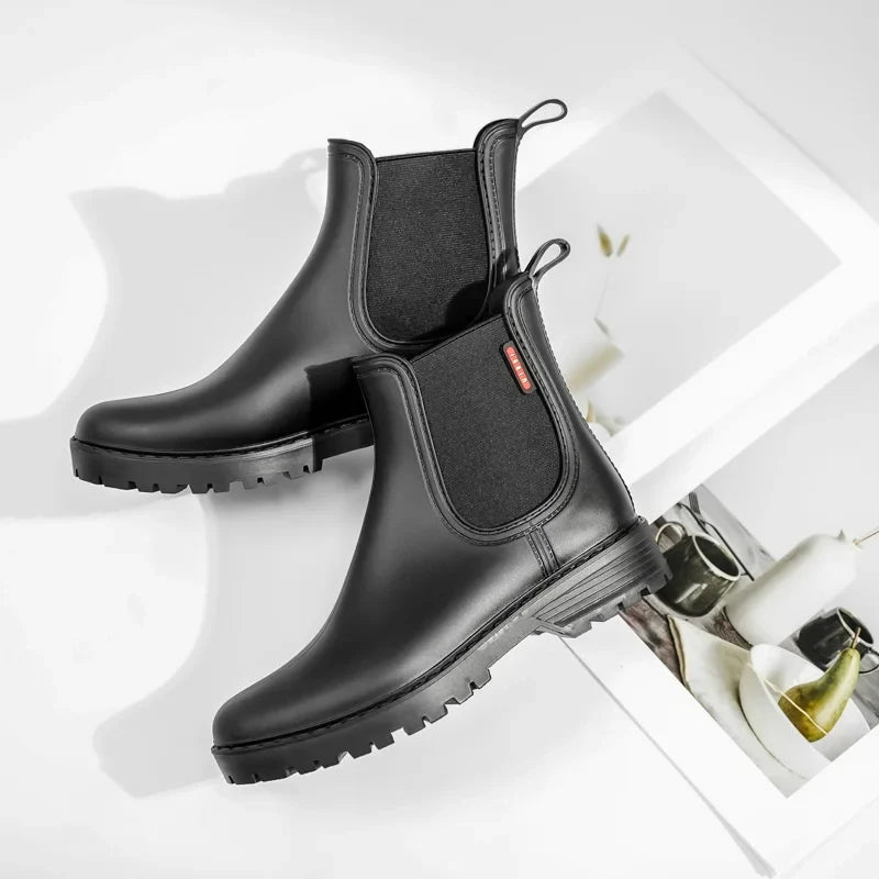 Sleek Rubber Rain Boots for Women with Waterproof Round Toe Ankle Style