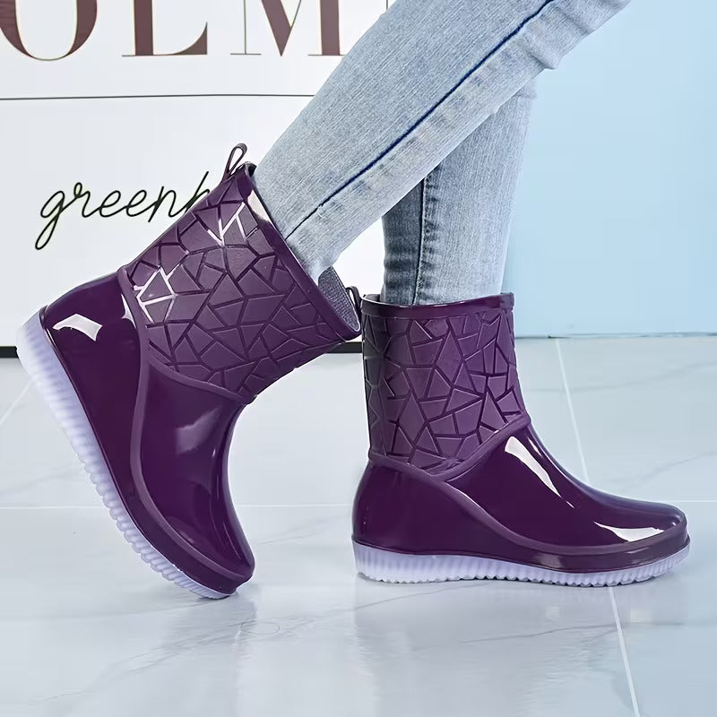 Stylish Textured Rain Boots for Women with Waterproof Pull Tab Mid Calf Style