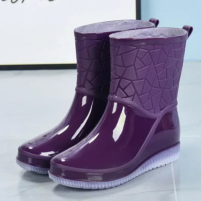 Stylish Textured Rain Boots for Women with Waterproof Pull Tab Mid Calf Style