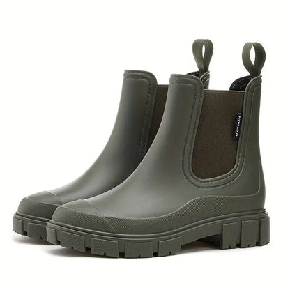 Comfortable Taupe Waterproof Chelsea Boots for Women with Chunky Sole Pull Tab Ankle Casual Style
