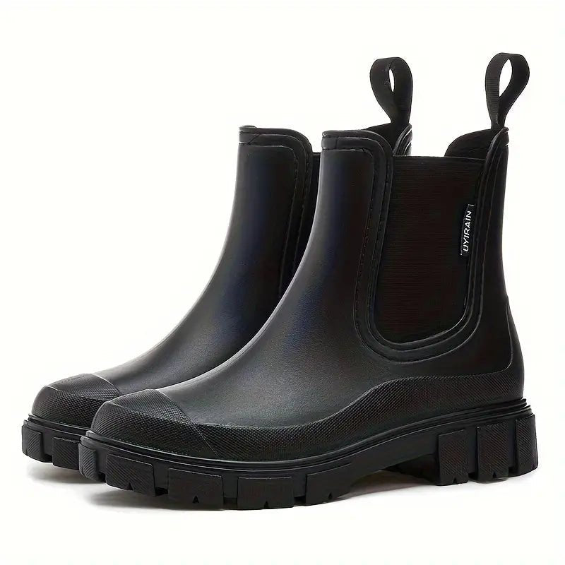 Stylish Black Boots for Women with Round Toe Chelsea Pull Tab Lug Sole Waterproof Style