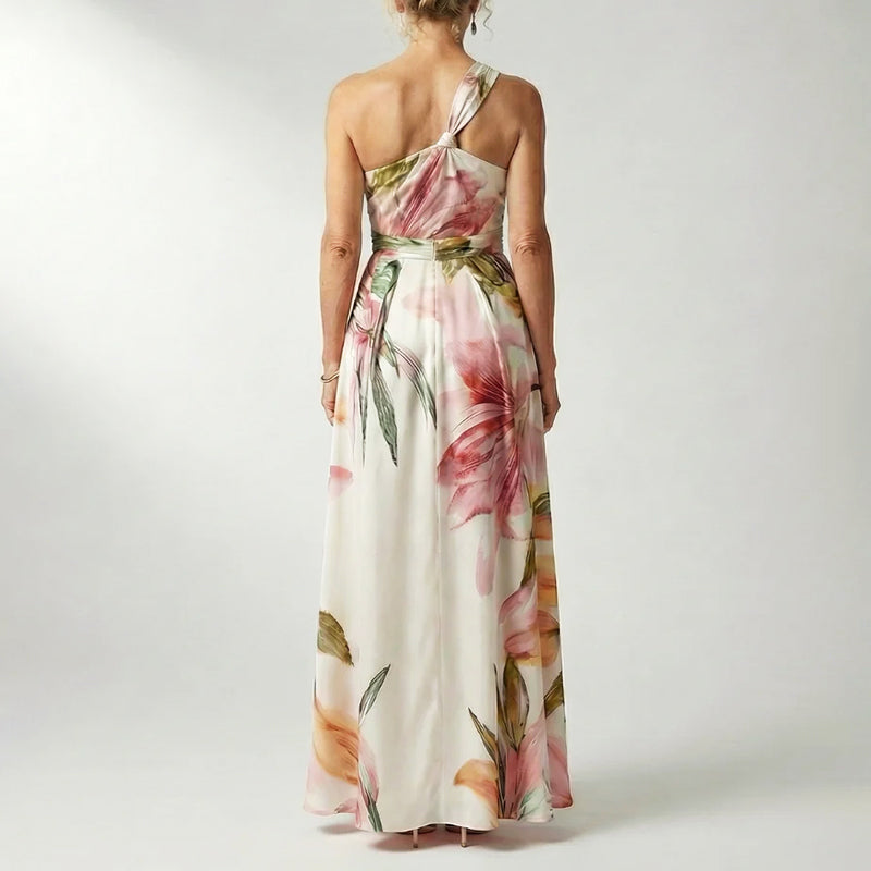Elegant Floral Fall Wedding Guest Dress for Women with One Shoulder Halter Belted Flowing Style