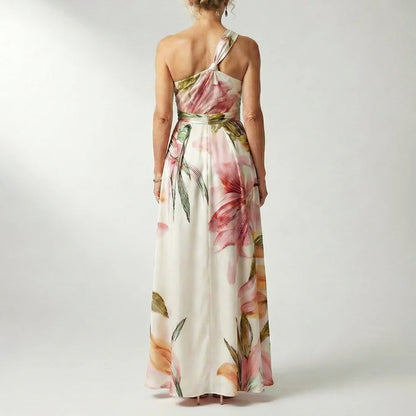 Elegant Floral Fall Wedding Guest Dress for Women with One Shoulder Halter Belted Flowing Style