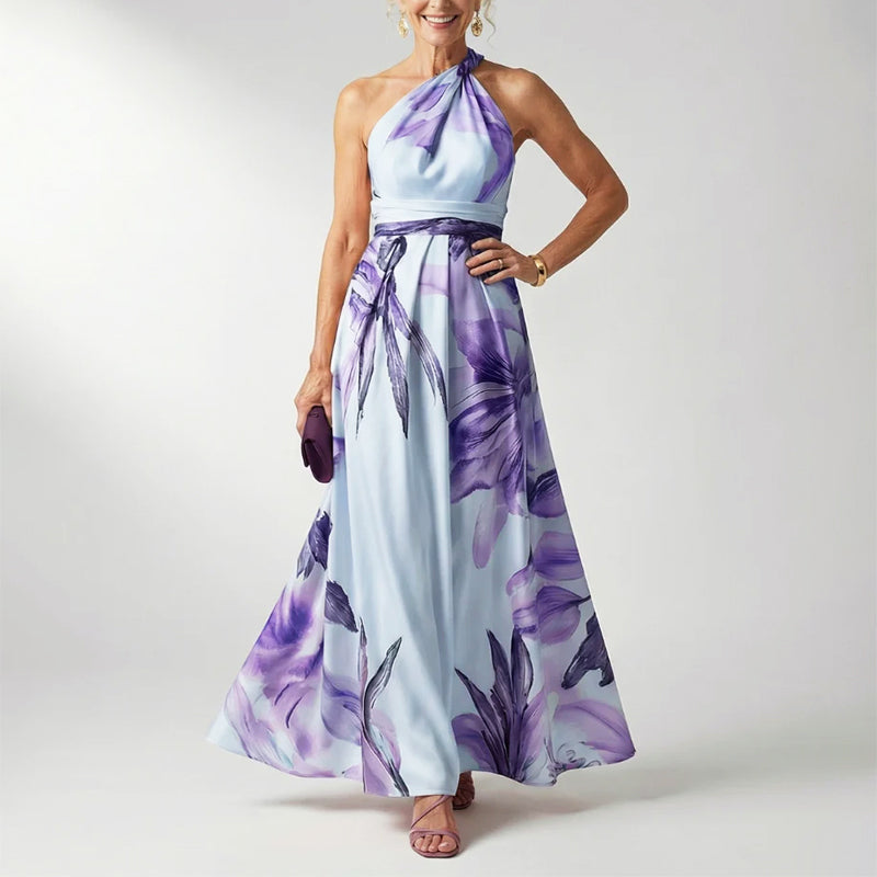 Elegant Floral Fall Wedding Guest Dress for Women with One Shoulder Halter Belted Flowing Style