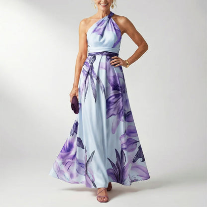 Elegant Floral Fall Wedding Guest Dress for Women with One Shoulder Halter Belted Flowing Style