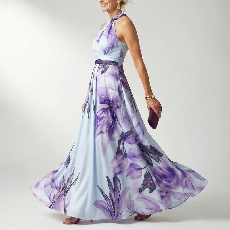 Elegant Floral Fall Wedding Guest Dress for Women with One Shoulder Halter Belted Flowing Style
