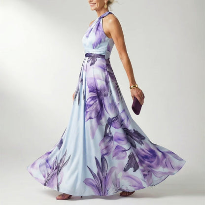 Elegant Floral Fall Wedding Guest Dress for Women with One Shoulder Halter Belted Flowing Style