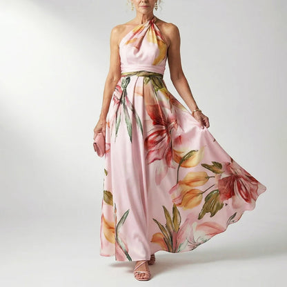 Elegant Floral Fall Wedding Guest Dress for Women with One Shoulder Halter Belted Flowing Style