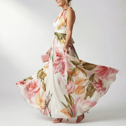 Elegant Floral Fall Wedding Guest Dress for Women with One Shoulder Halter Belted Flowing Style