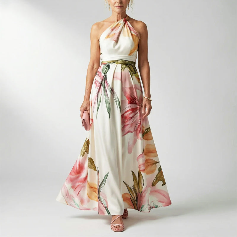Elegant Floral Fall Wedding Guest Dress for Women with One Shoulder Halter Belted Flowing Style