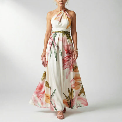 Elegant Floral Fall Wedding Guest Dress for Women with One Shoulder Halter Belted Flowing Style