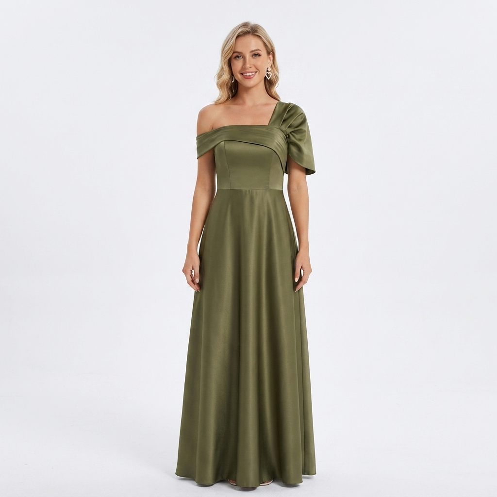 Elegant Green Satin Fall Wedding Guest Dress for Women with One Shoulder Short Sleeve A Line Flowing Style