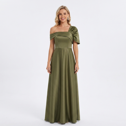 Elegant Green Satin Fall Wedding Guest Dress for Women with One Shoulder Short Sleeve A Line Flowing Style