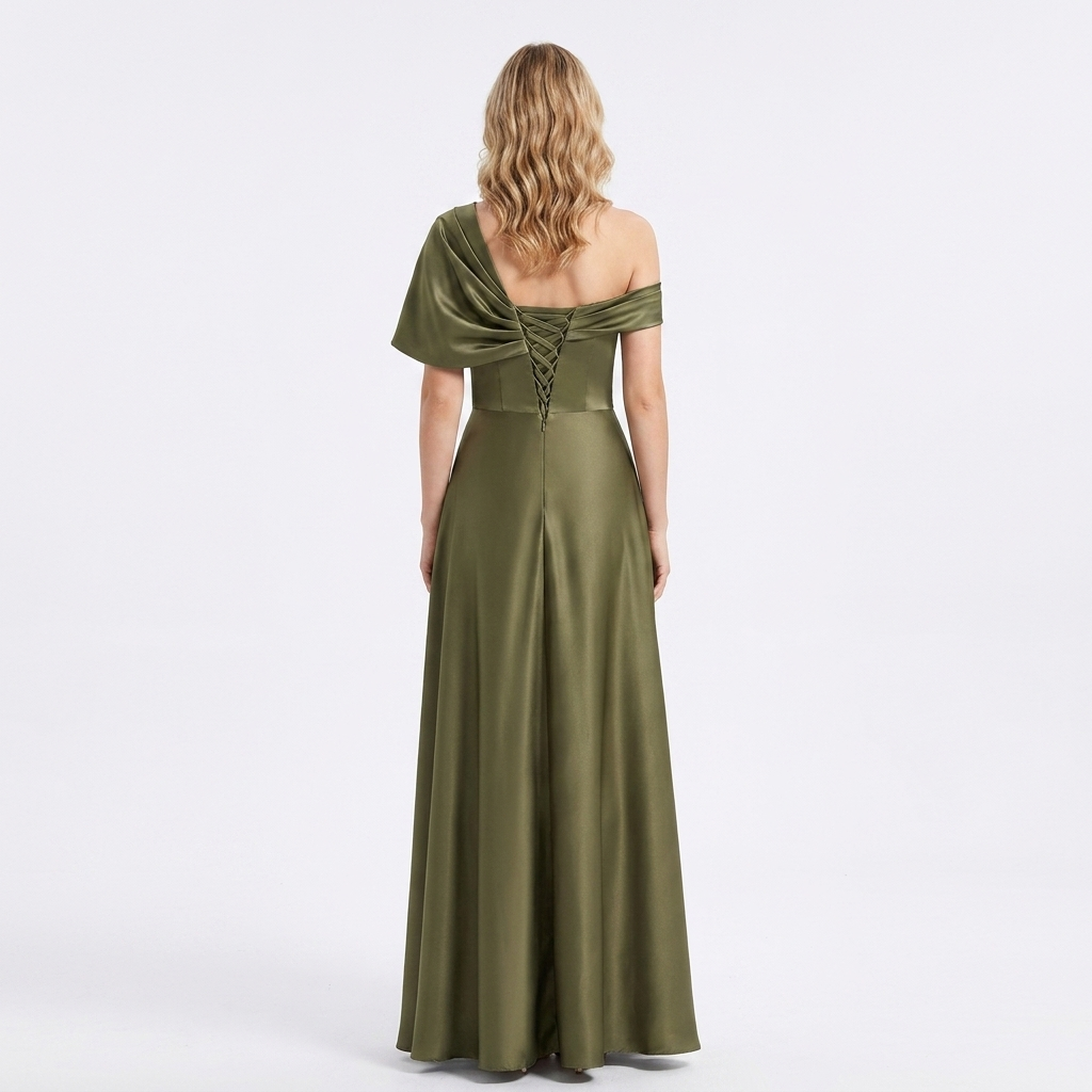 Elegant Green Satin Fall Wedding Guest Dress for Women with One Shoulder Short Sleeve A Line Flowing Style
