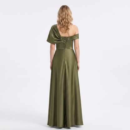 Elegant Green Satin Fall Wedding Guest Dress for Women with One Shoulder Short Sleeve A Line Flowing Style