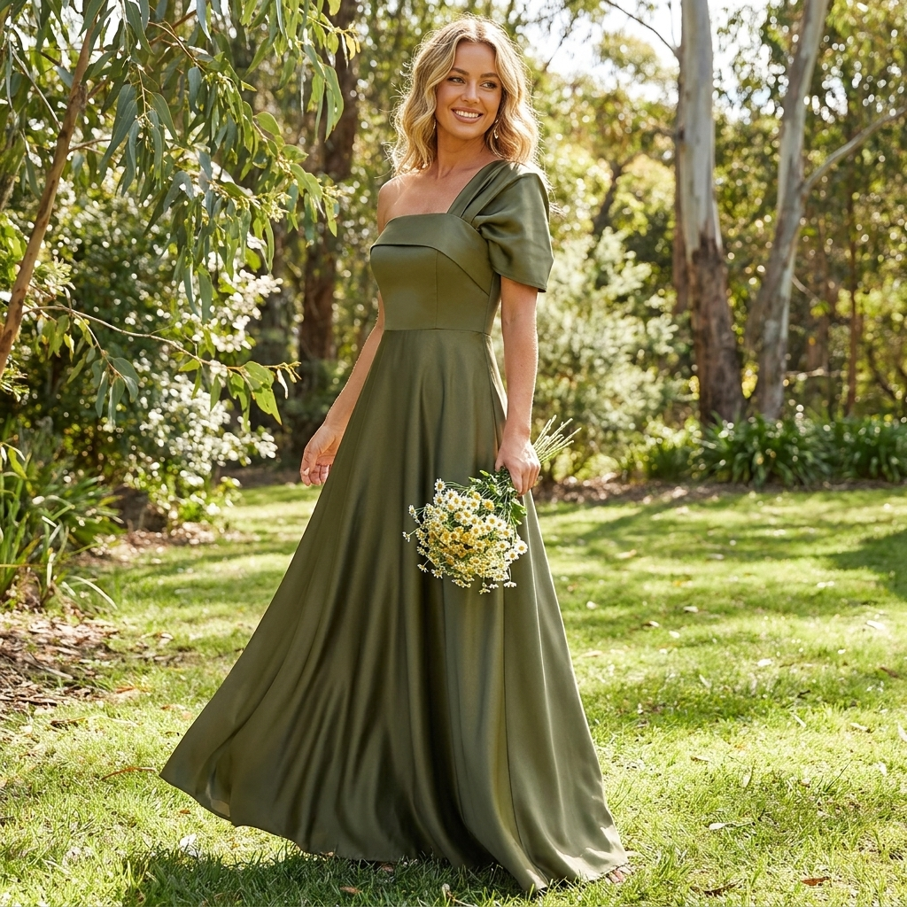 Elegant Green Satin Fall Wedding Guest Dress for Women with One Shoulder Short Sleeve A Line Flowing Style