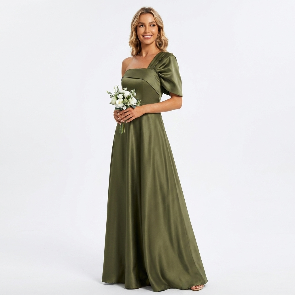 Elegant Green Satin Fall Wedding Guest Dress for Women with One Shoulder Short Sleeve A Line Flowing Style