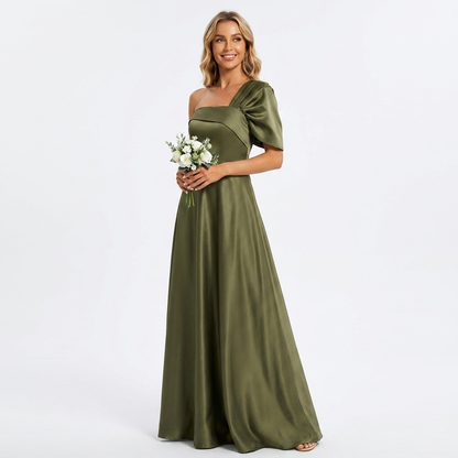Elegant Green Satin Fall Wedding Guest Dress for Women with One Shoulder Short Sleeve A Line Flowing Style