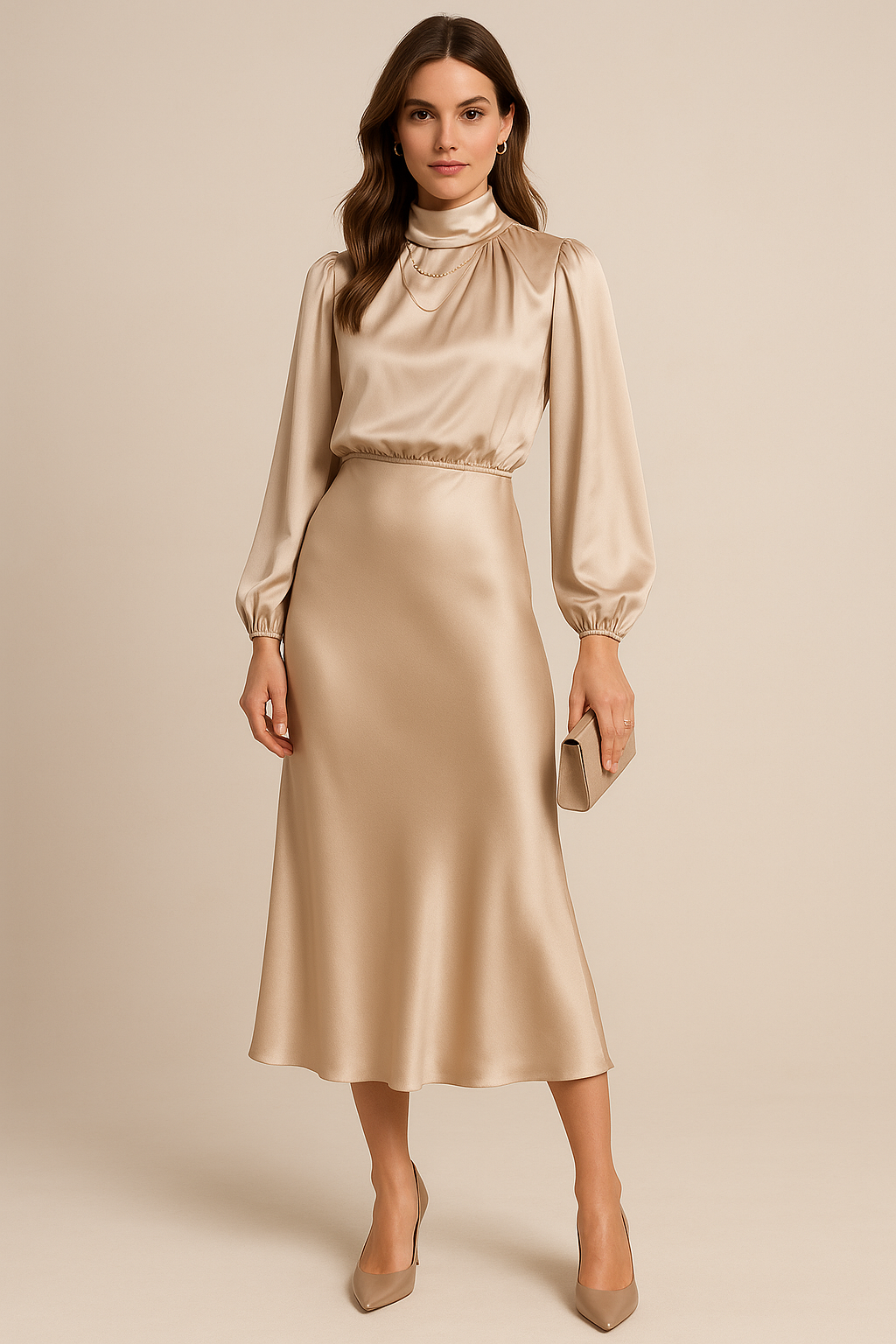 Elegant Satin Sweater Dress for Women with High Neck Long Sleeve Blouson Flowing Midi Style