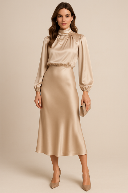 Elegant Satin Sweater Dress for Women with High Neck Long Sleeve Blouson Flowing Midi Style