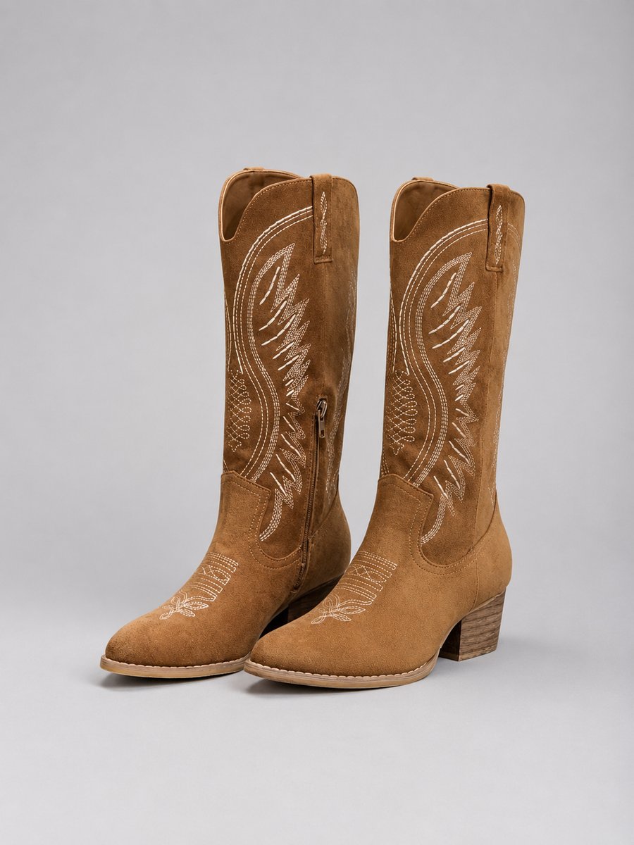Stylish Cowgirl Boots for Women with Embroidered Suede Pointed Toe Block Heel Western Style