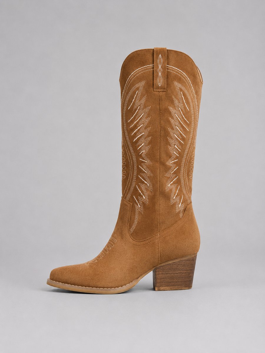 Stylish Cowgirl Boots for Women with Embroidered Suede Pointed Toe Block Heel Western Style