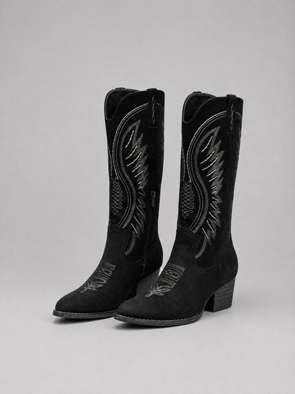 Stylish Cowgirl Boots for Women with Embroidered Suede Pointed Toe Block Heel Western Style