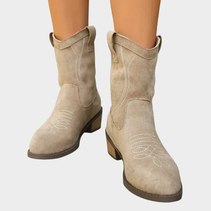 Stylish Cowgirl Boots for Women with Embroidered Suede Round Toe Block Heel Ankle Style