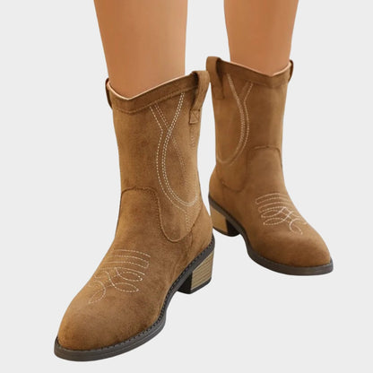 Stylish Cowgirl Boots for Women with Embroidered Suede Round Toe Block Heel Ankle Style
