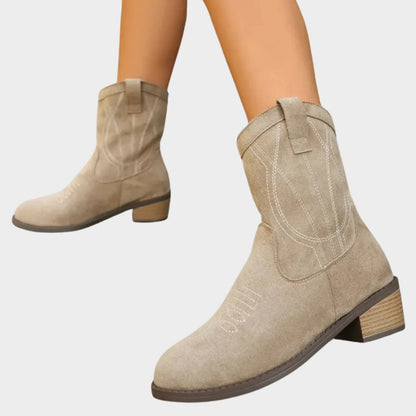 Stylish Cowgirl Boots for Women with Embroidered Suede Round Toe Block Heel Ankle Style