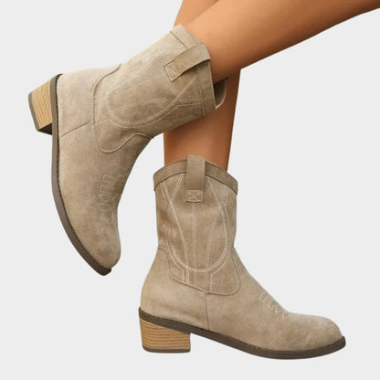 Stylish Cowgirl Boots for Women with Embroidered Suede Round Toe Block Heel Ankle Style