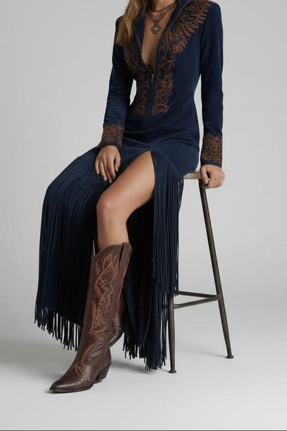 Elegant Maxi Dress for Women with Western Fringe Hem Long Sleeve Evening Gown Style
