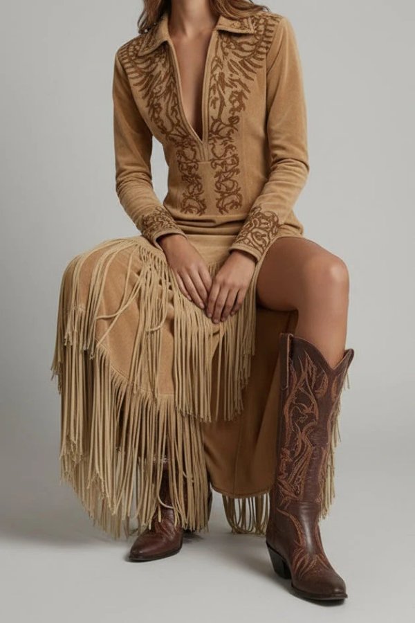 Elegant Maxi Dress for Women with Western Fringe Hem Long Sleeve Evening Gown Style