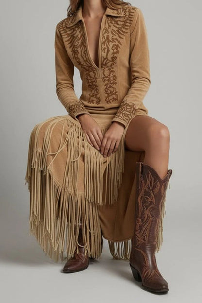 Elegant Maxi Dress for Women with Western Fringe Hem Long Sleeve Evening Gown Style